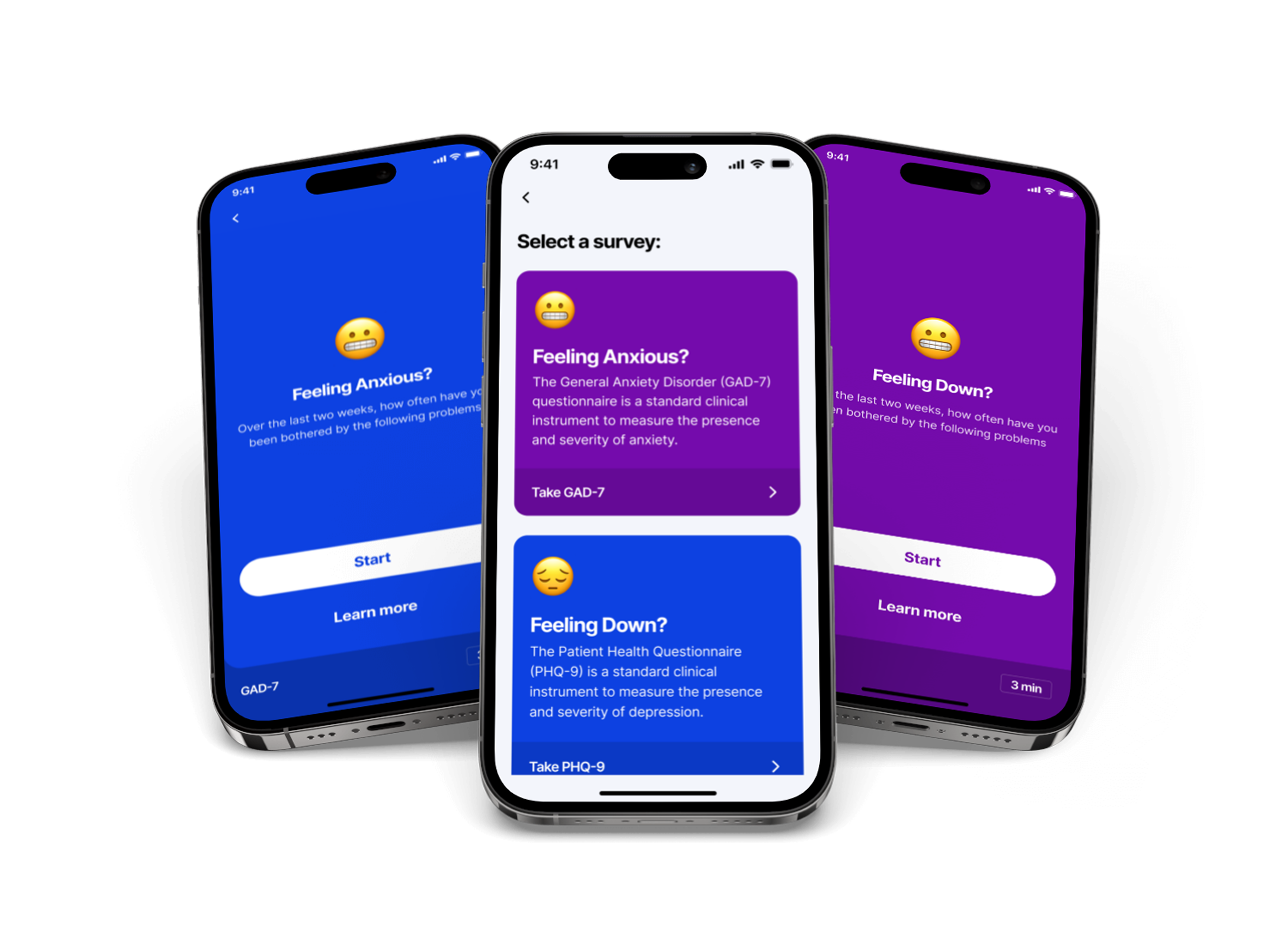 Mental Health Assessment Interface - GAD-7 and PHQ-9 clinical survey selection with clear descriptions and professional design